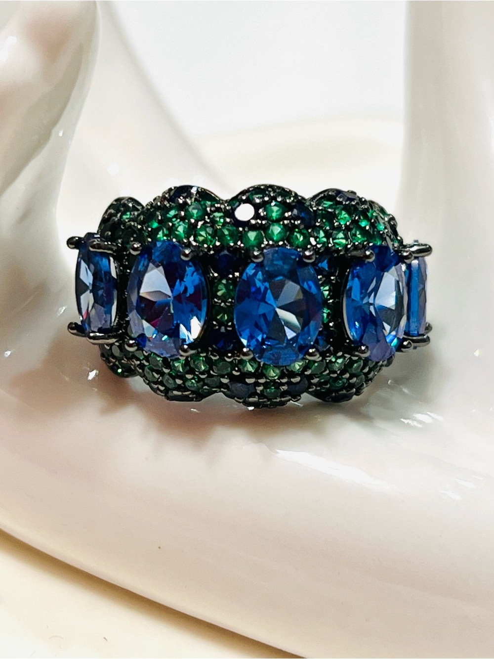 Elegant Blue Kyanite & Green Crystal Statement Ring